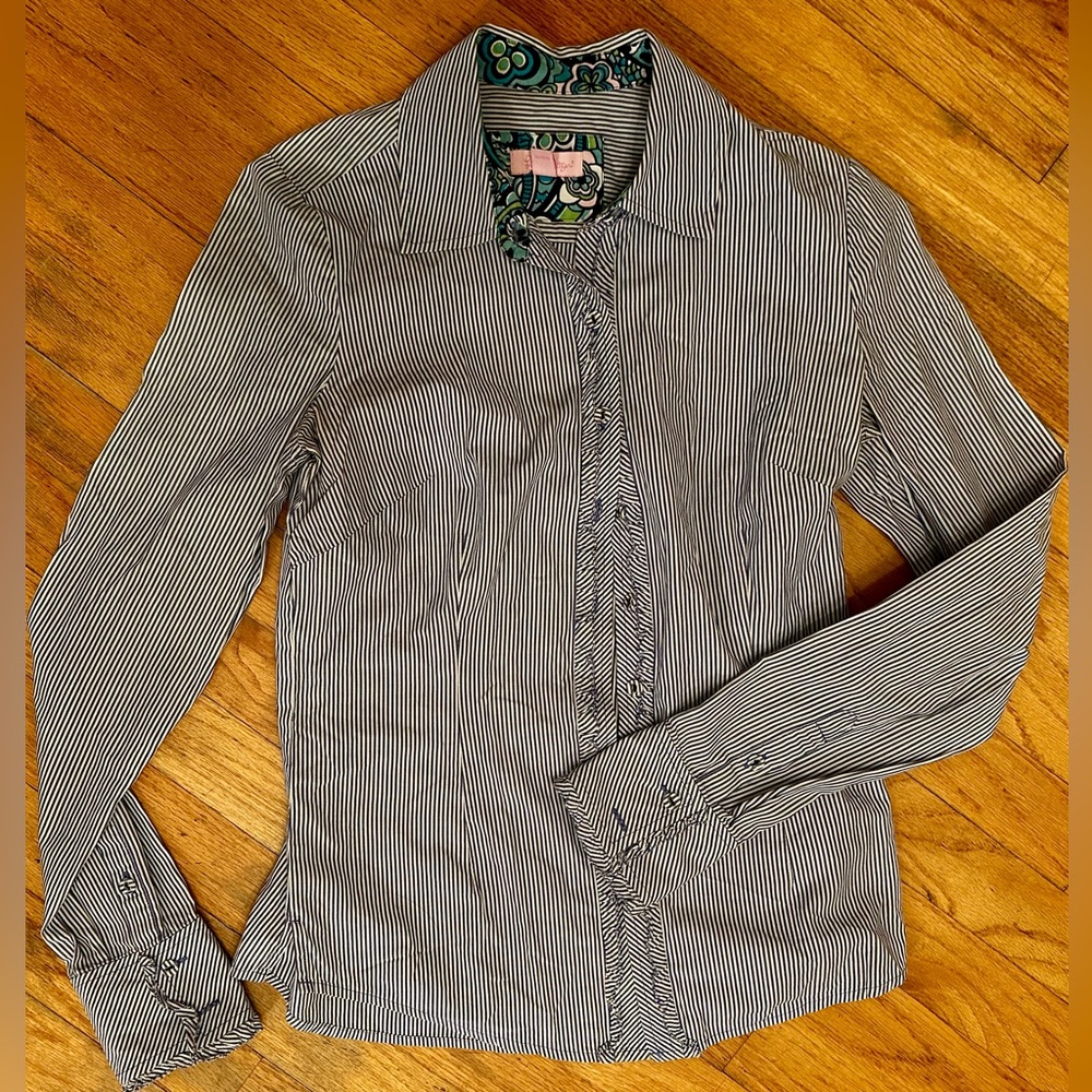 LILLY PULITZER Button Up Top - Stripes Ruffle Sz S - BLUE